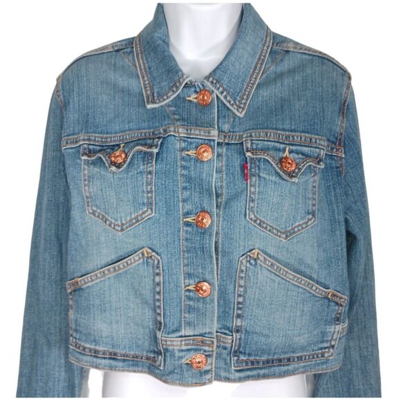 Levis Womens XL Cropped Blue Denim Trucker Jacket Copper Buttons Western Boxy - Picture 4 of 11